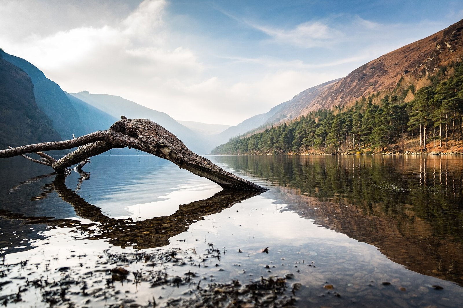 The Upper Lake of Glendalough in the Wicklow Mountains, mirrored in still water